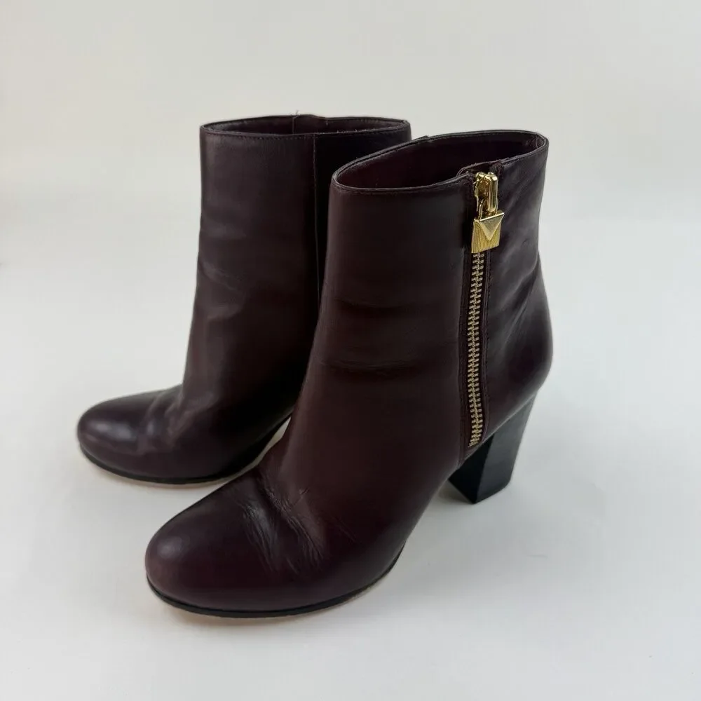 Michael Kors Womens Leather Ankle Boots Size 8M Burgundy Red Block Heel Booties